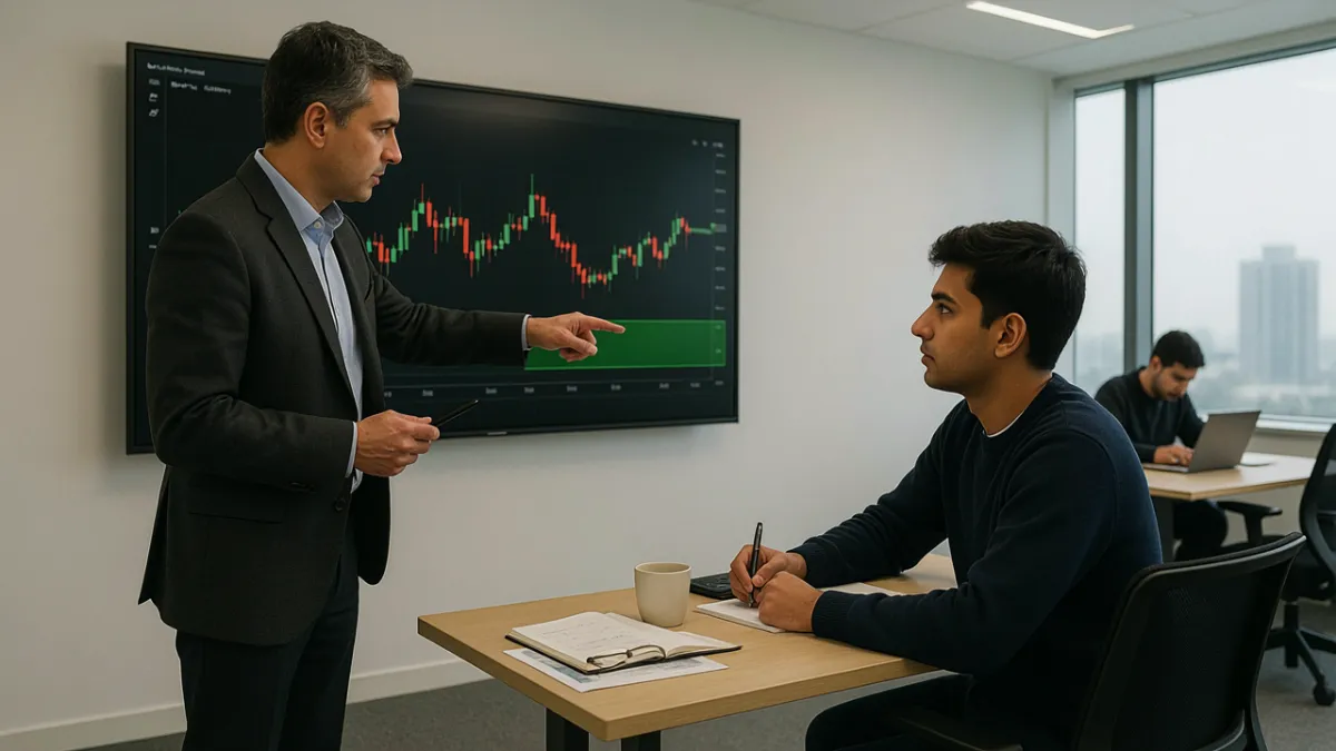 Demand and supply trading course classroom in Delhi with mentor explaining a demand zone